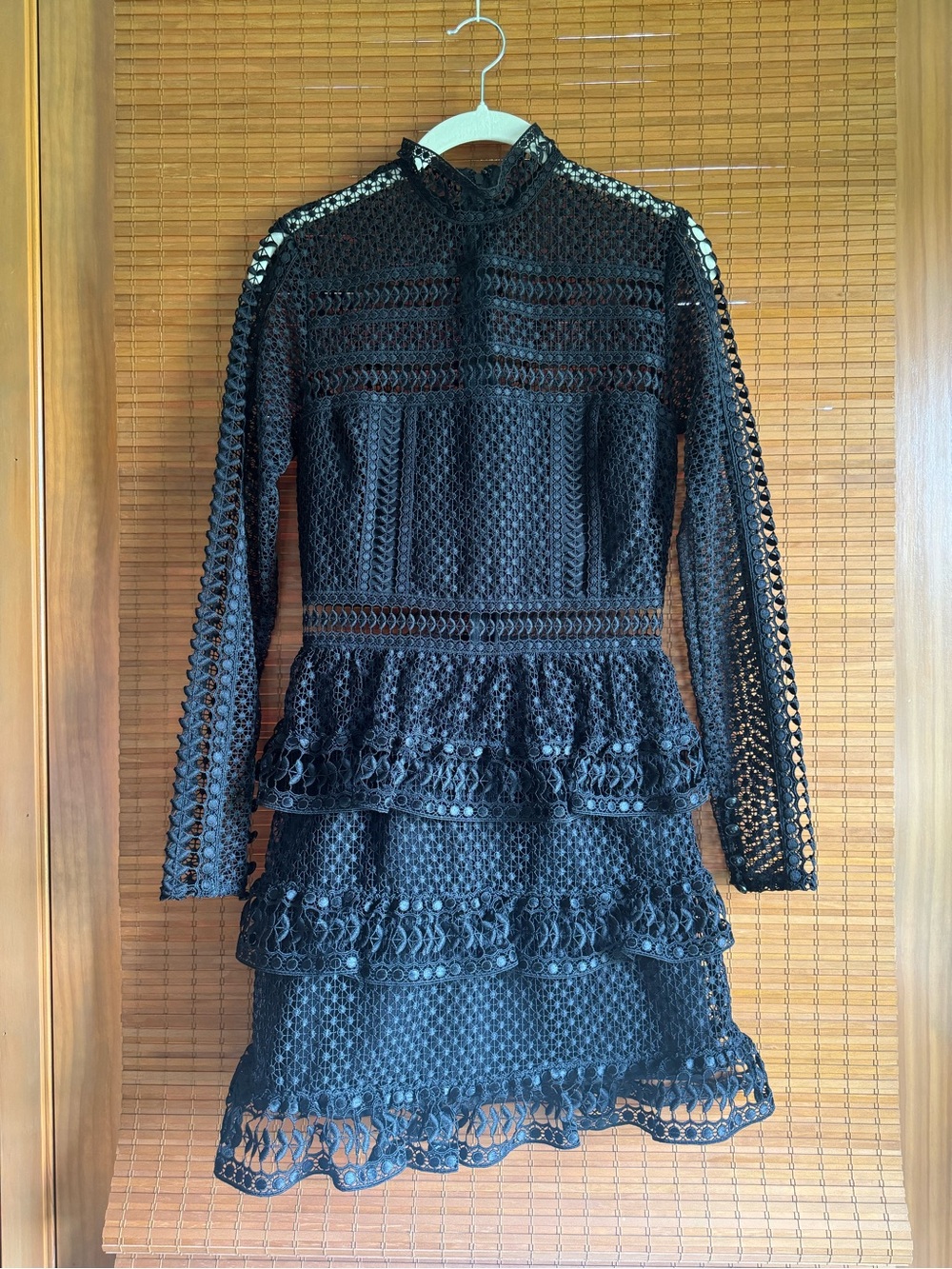 Self-Portrait Black Guipure Lace Tiered Mock Neck Mini Dress – Size 2 - Picture 4 of 11